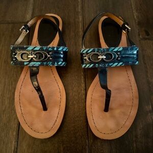 Coach Sammy Sling Back Buckle Flat Thong Sandals Navy Blue Patent 8B